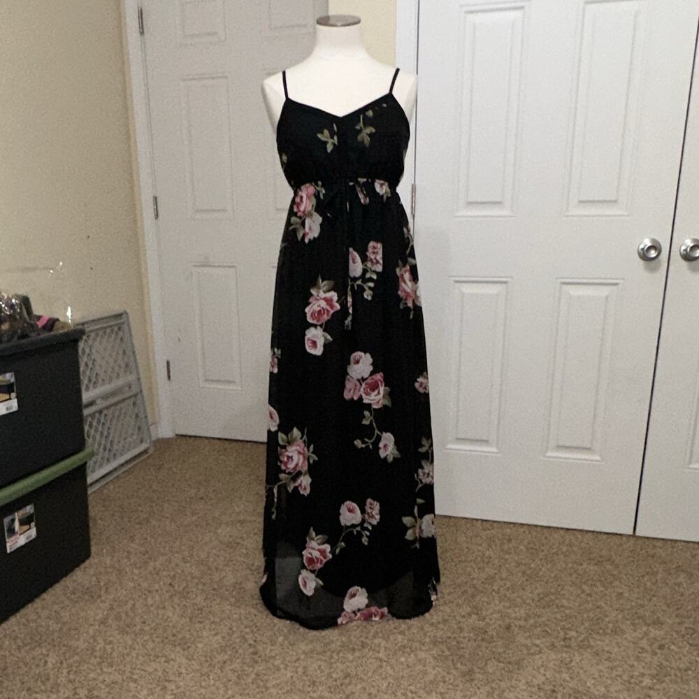 Doe & Rae Womens Black/Pink Floral V-Neck Strappy Sleeveless Maxi Dress M